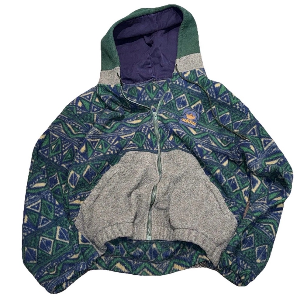 Vintage Adidas Geometric Print Full Zip Fleece Hooded Jacket Hoodie Mens Size XL